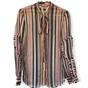 NO.21 (Neiman Marcus) Silk Striped Button Up Pussiebow Tie Sheer Ruffle Blouse